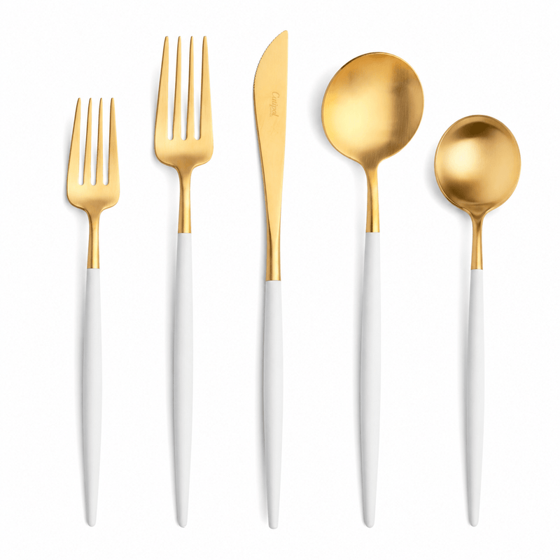 Goa Cutlery - Brushed Gold and White Handle - Sets - Cutipol - Flatware + Serving Pieces - 24 Piece Setting - HORNE