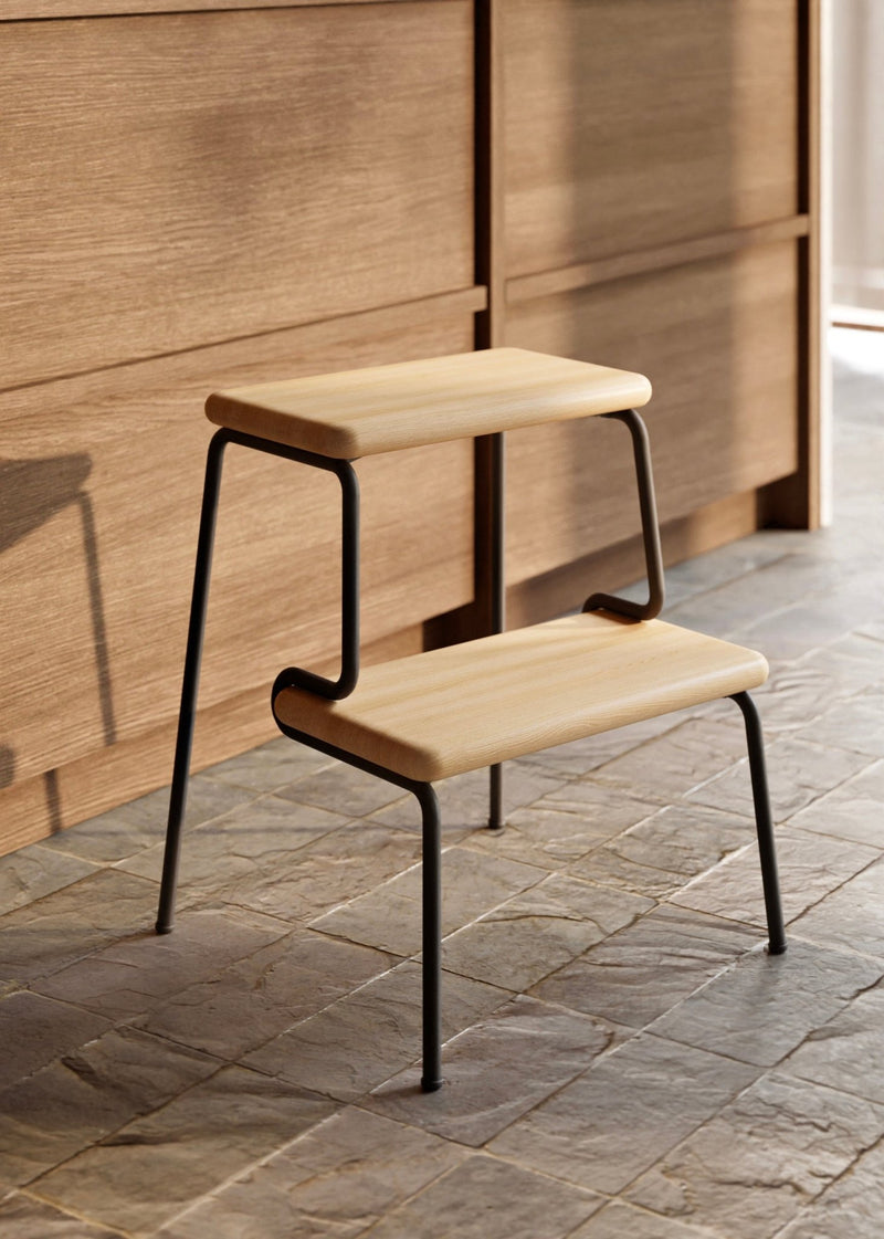 woud Slalom Step Stool - Woud - Ladder + Step Stool - White Pigmented Lacquered Solid Oak w/ Black Painted Legs - HORNE