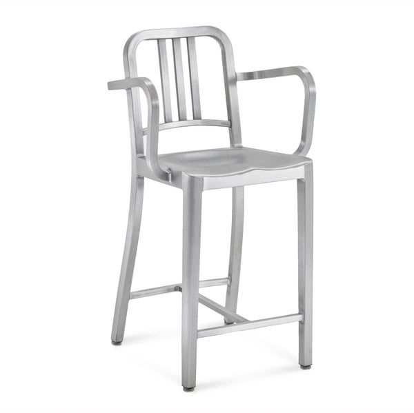 1006 Navy Counter Stool With Arms - Emeco - Stools + Benches + Ottomans - Brushed - HORNE