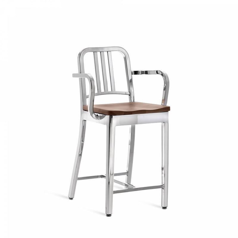 1104 Navy Counter Stool With Arms - Emeco - Stools + Benches + Ottomans - Brushed - Cherry - HORNE