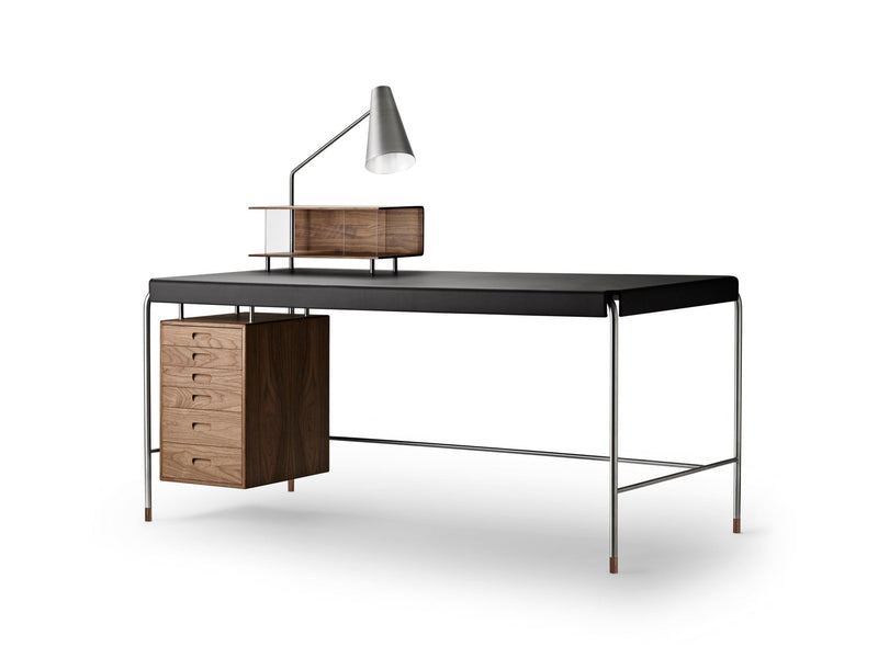 Modern desk lamp with a wooden box frame and glass doors