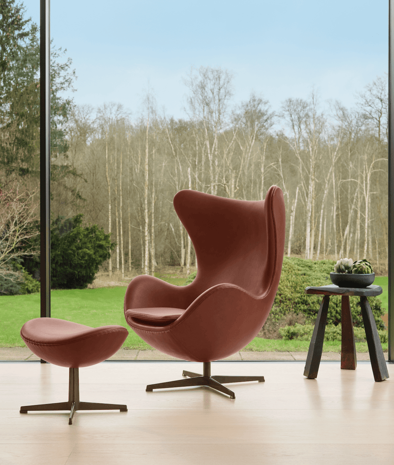 Egg™ Footstool - Fritz Hansen - Stools + Benches + Ottomans - Grace Walnut Leather - Satin Polished Aluminum - HORNE